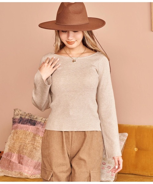 anap mimpi（アナップミンピ）の「前後2WAYフレアスリーブリブニットトップス（Tシャツ/カットソー・レディース・ブラック/ホワイト×ブラック/ベージュ/オフホワイト・FREE）」の14枚目の写真