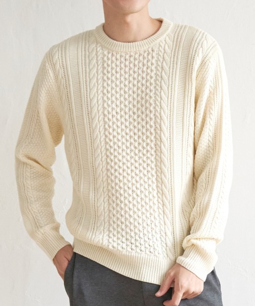 ikka(イッカ)の「抗菌アランケーブルリサイクルニット(ニット/セーター・メンズ・ネイビー/グリーン/オフホワイト/グレー/ワイン・XL/S/M/L)」の1枚目の写真