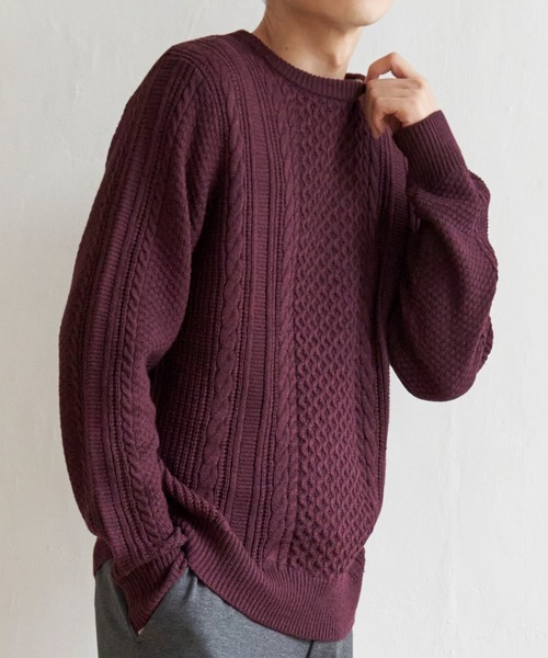 ikka(イッカ)の「抗菌アランケーブルリサイクルニット(ニット/セーター・メンズ・ネイビー/グリーン/オフホワイト/グレー/ワイン・XL/S/M/L)」の5枚目の写真