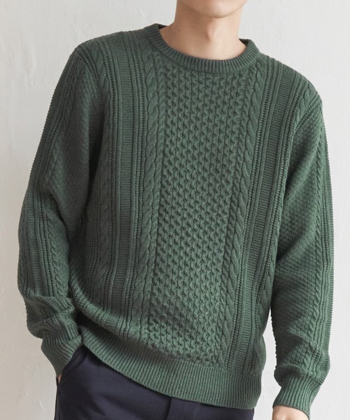 ikka(イッカ)の「抗菌アランケーブルリサイクルニット(ニット/セーター・メンズ・ネイビー/グリーン/オフホワイト/グレー/ワイン・XL/S/M/L)」の3枚目の写真