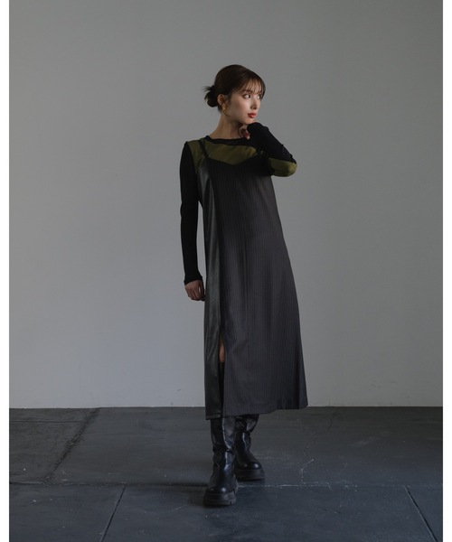 LEANN MOMENT(リーンモーメント)の「Stripe Leather Camisole Dress(ワンピース・レディース・ブラック/グレー・FREE)」の9枚目の写真
