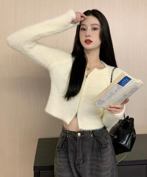 HALEY PESCA（ヘーリーペスカ）の「HALEY PESCA/ショート丈　シャギーダブルジップニット　パーカー　トップス（ニット/セーター・レディース・ブラック/アイボリー・FREE/MEDIUM/SMALL）」の5枚目の写真