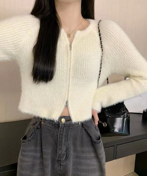 HALEY PESCA（ヘーリーペスカ）の「HALEY PESCA/ショート丈　シャギーダブルジップニット　パーカー　トップス（ニット/セーター・レディース・ブラック/アイボリー・FREE/MEDIUM/SMALL）」の6枚目の写真