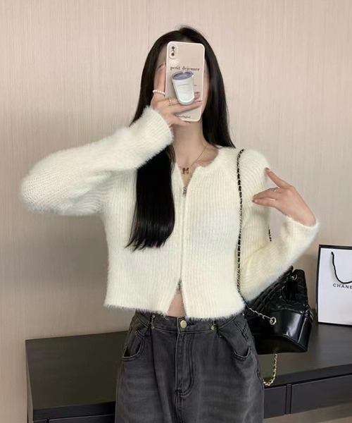 HALEY PESCA（ヘーリーペスカ）の「HALEY PESCA/ショート丈　シャギーダブルジップニット　パーカー　トップス（ニット/セーター・レディース・ブラック/アイボリー・FREE/MEDIUM/SMALL）」の7枚目の写真