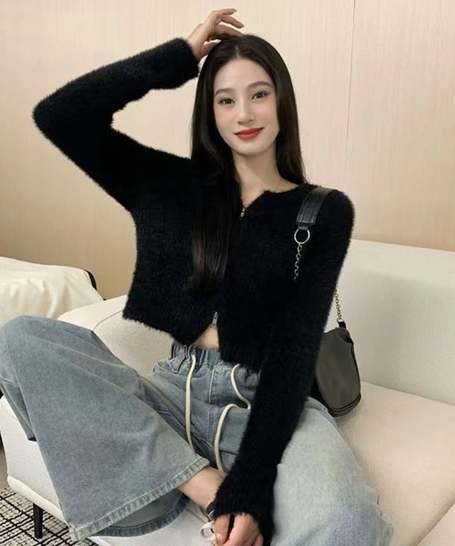 HALEY PESCA（ヘーリーペスカ）の「HALEY PESCA/ショート丈　シャギーダブルジップニット　パーカー　トップス（ニット/セーター・レディース・ブラック/アイボリー・FREE/MEDIUM/SMALL）」の8枚目の写真