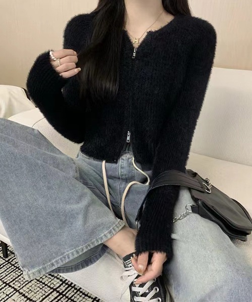 HALEY PESCA（ヘーリーペスカ）の「HALEY PESCA/ショート丈　シャギーダブルジップニット　パーカー　トップス（ニット/セーター・レディース・ブラック/アイボリー・FREE/MEDIUM/SMALL）」の9枚目の写真