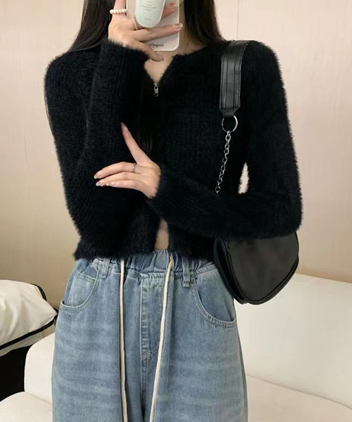 HALEY PESCA（ヘーリーペスカ）の「HALEY PESCA/ショート丈　シャギーダブルジップニット　パーカー　トップス（ニット/セーター・レディース・ブラック/アイボリー・FREE/MEDIUM/SMALL）」の10枚目の写真