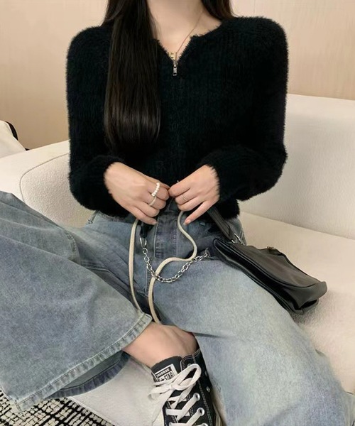 HALEY PESCA（ヘーリーペスカ）の「HALEY PESCA/ショート丈　シャギーダブルジップニット　パーカー　トップス（ニット/セーター・レディース・ブラック/アイボリー・FREE/MEDIUM/SMALL）」の12枚目の写真