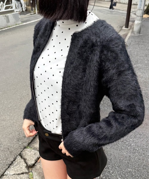 HALEY PESCA（ヘーリーペスカ）の「HALEY PESCA/ショート丈　シャギーダブルジップニット　パーカー　トップス（ニット/セーター・レディース・ブラック/アイボリー・FREE/MEDIUM/SMALL）」の15枚目の写真