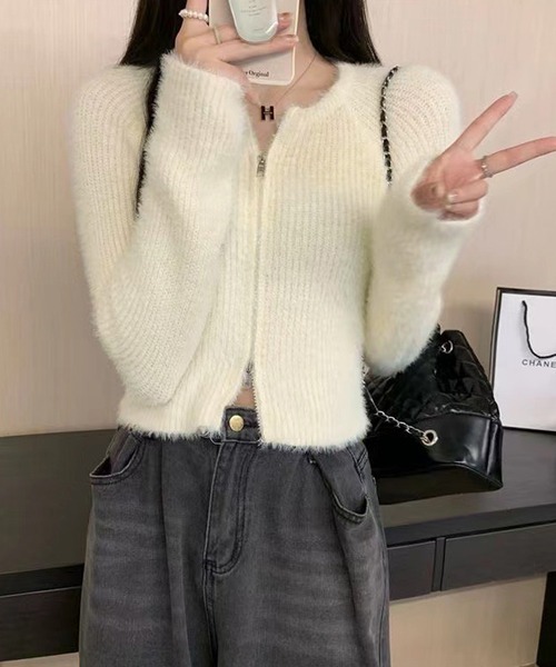 HALEY PESCA（ヘーリーペスカ）の「HALEY PESCA/ショート丈　シャギーダブルジップニット　パーカー　トップス（ニット/セーター・レディース・ブラック/アイボリー・FREE/MEDIUM/SMALL）」の20枚目の写真