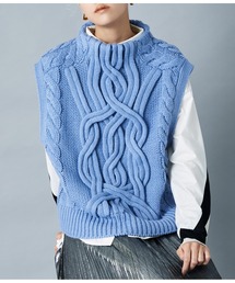 Settimissimo | デザインケーブル編み ボトルネック ニットベスト ジレ(ベスト)