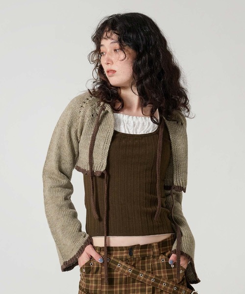 TINA:JOJUN(ティーナジョジュン)の「配色リボン ニットボレロ TINA:JOJUN(カーディガン/ボレロ・レディース・グレー/ホワイト/ブラウン・M)」の3枚目の写真