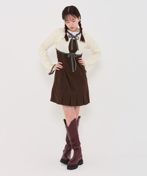 TINA:JOJUN(ティーナジョジュン)の「配色リボン ニットボレロ TINA:JOJUN(カーディガン/ボレロ・レディース・グレー/ホワイト/ブラウン・M)」の4枚目の写真