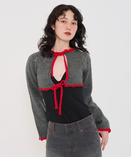 TINA:JOJUN(ティーナジョジュン)の「配色リボン ニットボレロ TINA:JOJUN(カーディガン/ボレロ・レディース・グレー/ホワイト/ブラウン・M)」の11枚目の写真