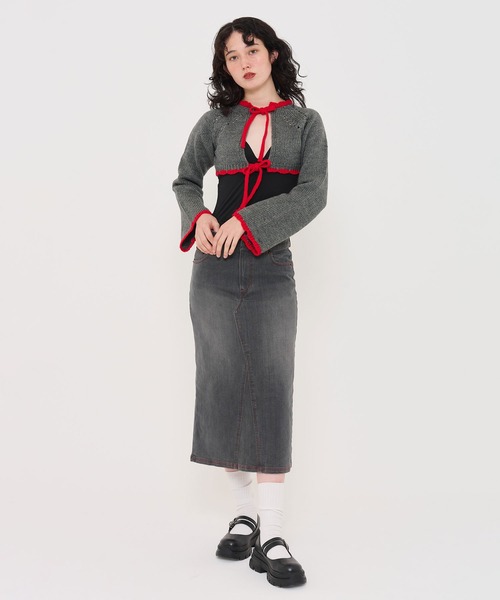 TINA:JOJUN(ティーナジョジュン)の「配色リボン ニットボレロ TINA:JOJUN(カーディガン/ボレロ・レディース・グレー/ホワイト/ブラウン・M)」の7枚目の写真