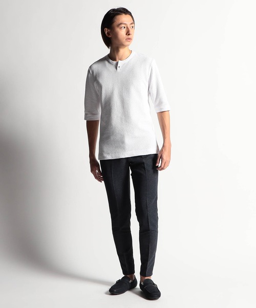 HIDEAWAYS NICOLE（ハイダウェイニコル）の「シャーリングジャガードヘンリーネック5分袖プルオーバー（Tシャツ/カットソー・メンズ・オフホワイト/ブラック/サックスブルー・MEDIUM/LARGE/X-LARGE）」の4枚目の写真