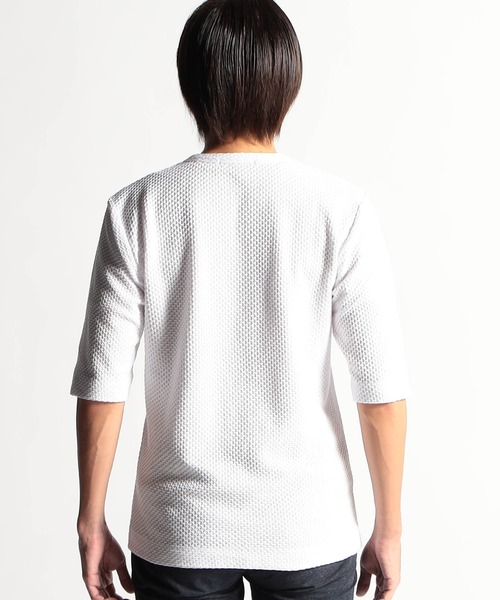 HIDEAWAYS NICOLE（ハイダウェイニコル）の「シャーリングジャガードヘンリーネック5分袖プルオーバー（Tシャツ/カットソー・メンズ・オフホワイト/ブラック/サックスブルー・MEDIUM/LARGE/X-LARGE）」の5枚目の写真