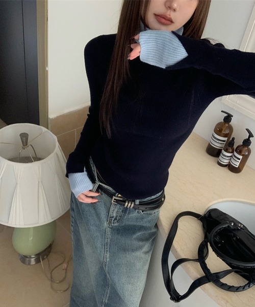 LYEON（リヨン）の「レイヤードライクドッキングニット/配色レイヤードニット（ニット/セーター・レディース・ブラック/ブルー・FREE）」の7枚目の写真