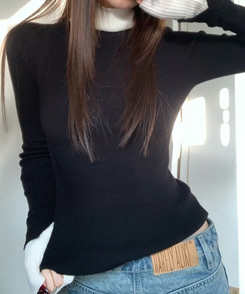 LYEON（リヨン）の「レイヤードライクドッキングニット/配色レイヤードニット（ニット/セーター・レディース・ブラック/ブルー・FREE）」の4枚目の写真