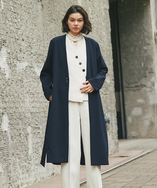 ノーカラーファスナー付きサイドスリットロングコート（スーツ