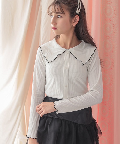 Amourire girl（アムリールガール）の「BIG襟カットソーブラウス(130cm~160cm)（Tシャツ/カットソー・キッズ・ベージュ/ピンク/ブラック/サックスブルー/オフホワイト・130cm/140cm/150cm/160cm）」の8枚目の写真