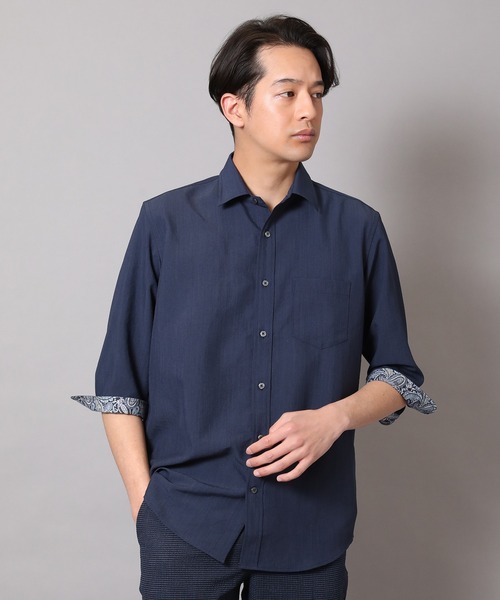 CROWDED CLOSET（クラウデッドクローゼット）の「麻調ポリエステル七分袖シャツ（シャツ/ブラウス・メンズ・ブルー/ホワイト/グリーン/ネイビー・01/02/03/04）」の3枚目の写真