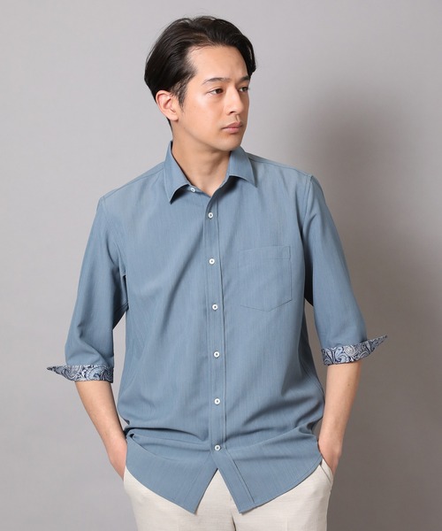 CROWDED CLOSET（クラウデッドクローゼット）の「麻調ポリエステル七分袖シャツ（シャツ/ブラウス・メンズ・ブルー/ホワイト/グリーン/ネイビー・01/02/03/04）」の4枚目の写真