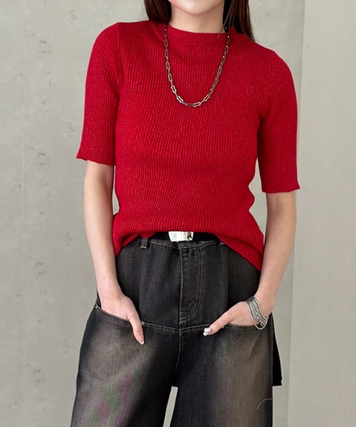 Per sist ence(パーシエンス)の「ラメ半袖プルオーバー(Tシャツ/カットソー・レディース・ブラック/アイボリー/グレー/レッド・FREE)」の4枚目の写真