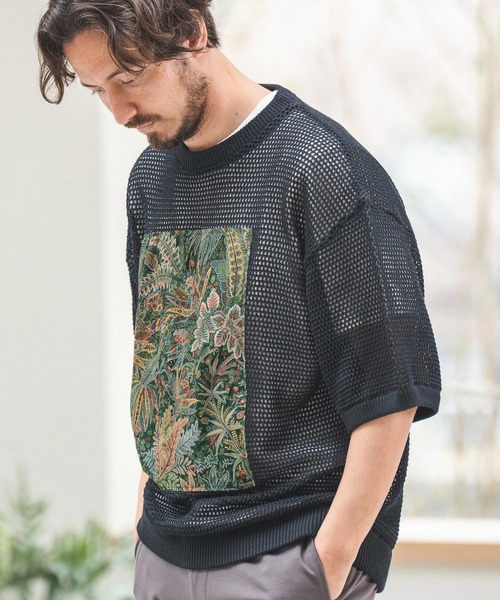 CAMBIO（カンビオ）の「mn2939- ボタニカル柄メッシュニットT（ニット/セーター・メンズ・ブラック/ブラウン系その他/ホワイト・M/L/XL）」の2枚目の写真