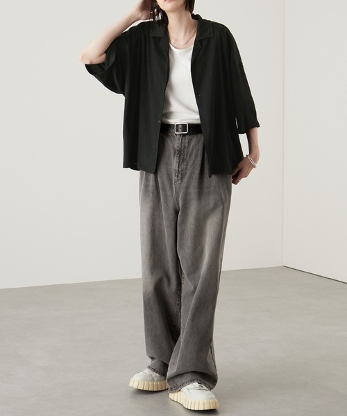 Alfred Alex（アルフレッドアレックス）の「【Alfred Alex】ランダムプリーツオーバーサイズオープンカラーシャツ/ショート丈（シャツ/ブラウス・メンズ・ブラック/グレイッシュブルー/チャコール/グレー/ワイン・M/L/S）」の6枚目の写真