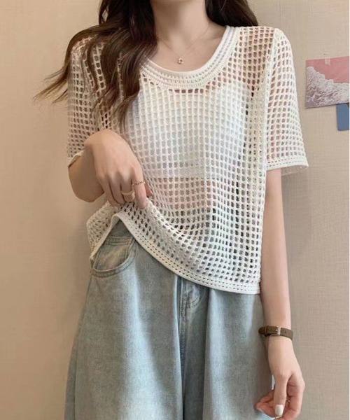 kirakiraShop(キラキラショップ)の「メッシュ ニット ハーフ スリーブ トップス(ニット/セーター・レディース・アイボリー/ブラック/ダークブラウン/ホワイト・FREE)」の2枚目の写真