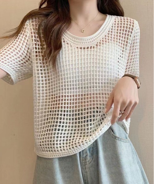 kirakiraShop(キラキラショップ)の「メッシュ ニット ハーフ スリーブ トップス(ニット/セーター・レディース・アイボリー/ブラック/ダークブラウン/ホワイト・FREE)」の19枚目の写真