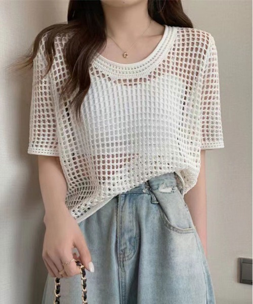 kirakiraShop(キラキラショップ)の「メッシュ ニット ハーフ スリーブ トップス(ニット/セーター・レディース・アイボリー/ブラック/ダークブラウン/ホワイト・FREE)」の20枚目の写真
