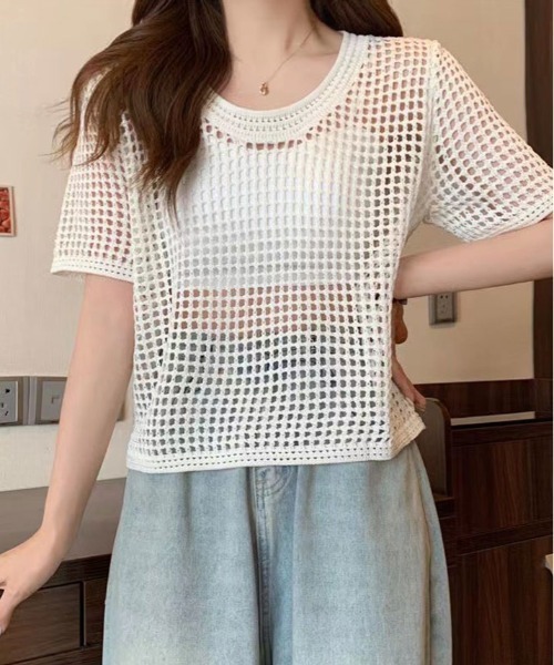 kirakiraShop(キラキラショップ)の「メッシュ ニット ハーフ スリーブ トップス(ニット/セーター・レディース・アイボリー/ブラック/ダークブラウン/ホワイト・FREE)」の22枚目の写真
