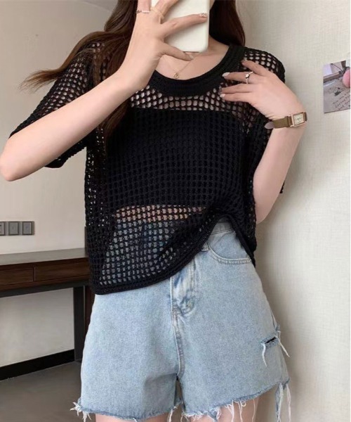kirakiraShop(キラキラショップ)の「メッシュ ニット ハーフ スリーブ トップス(ニット/セーター・レディース・アイボリー/ブラック/ダークブラウン/ホワイト・FREE)」の5枚目の写真