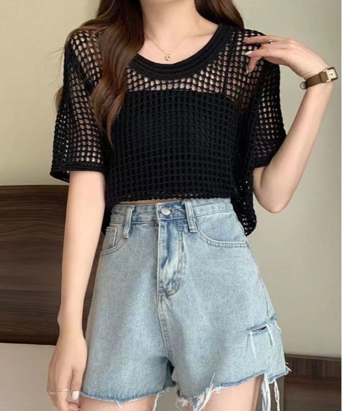 kirakiraShop(キラキラショップ)の「メッシュ ニット ハーフ スリーブ トップス(ニット/セーター・レディース・アイボリー/ブラック/ダークブラウン/ホワイト・FREE)」の8枚目の写真