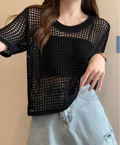 kirakiraShop(キラキラショップ)の「メッシュ ニット ハーフ スリーブ トップス(ニット/セーター・レディース・アイボリー/ブラック/ダークブラウン/ホワイト・FREE)」の9枚目の写真