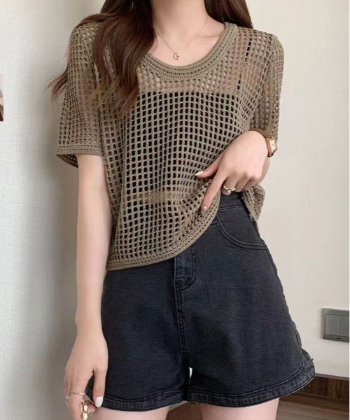 kirakiraShop(キラキラショップ)の「メッシュ ニット ハーフ スリーブ トップス(ニット/セーター・レディース・アイボリー/ブラック/ダークブラウン/ホワイト・FREE)」の10枚目の写真