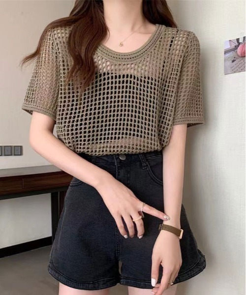 kirakiraShop(キラキラショップ)の「メッシュ ニット ハーフ スリーブ トップス(ニット/セーター・レディース・アイボリー/ブラック/ダークブラウン/ホワイト・FREE)」の11枚目の写真