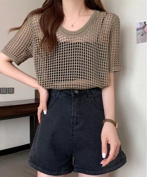 kirakiraShop(キラキラショップ)の「メッシュ ニット ハーフ スリーブ トップス(ニット/セーター・レディース・アイボリー/ブラック/ダークブラウン/ホワイト・FREE)」の12枚目の写真