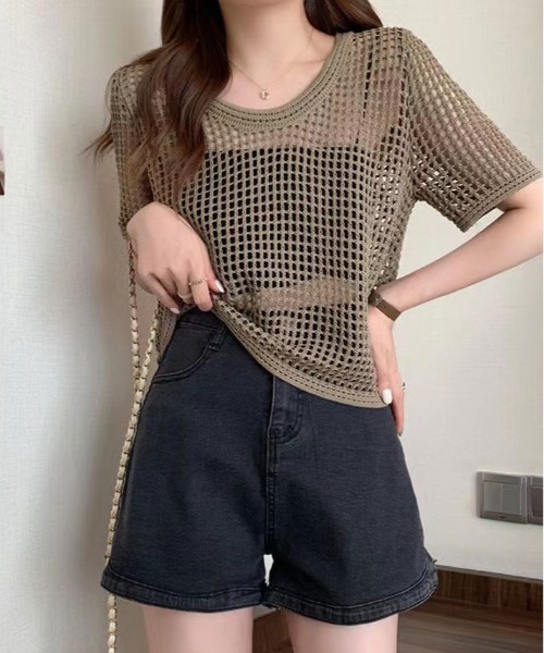 kirakiraShop(キラキラショップ)の「メッシュ ニット ハーフ スリーブ トップス(ニット/セーター・レディース・アイボリー/ブラック/ダークブラウン/ホワイト・FREE)」の13枚目の写真