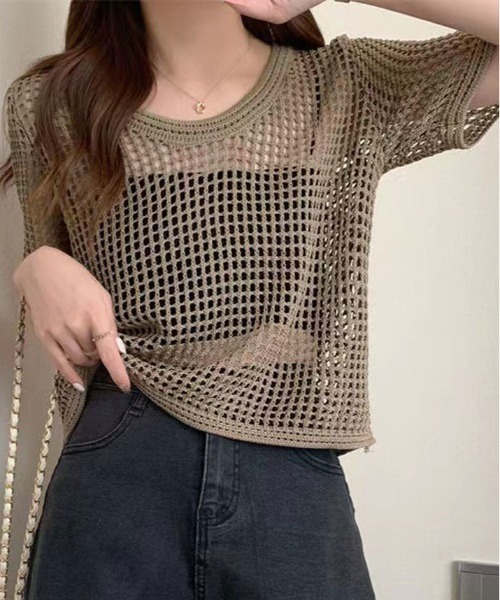 kirakiraShop(キラキラショップ)の「メッシュ ニット ハーフ スリーブ トップス(ニット/セーター・レディース・アイボリー/ブラック/ダークブラウン/ホワイト・FREE)」の14枚目の写真