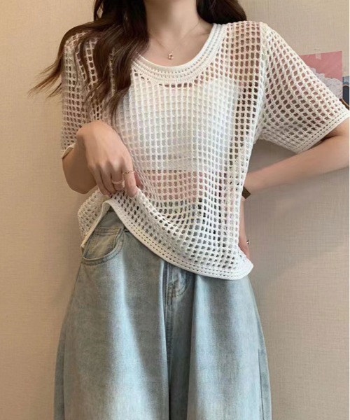 kirakiraShop(キラキラショップ)の「メッシュ ニット ハーフ スリーブ トップス(ニット/セーター・レディース・アイボリー/ブラック/ダークブラウン/ホワイト・FREE)」の21枚目の写真