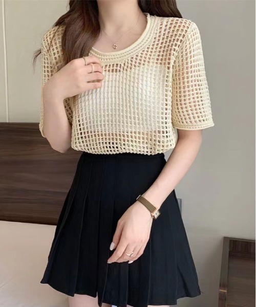 kirakiraShop(キラキラショップ)の「メッシュ ニット ハーフ スリーブ トップス(ニット/セーター・レディース・アイボリー/ブラック/ダークブラウン/ホワイト・FREE)」の18枚目の写真