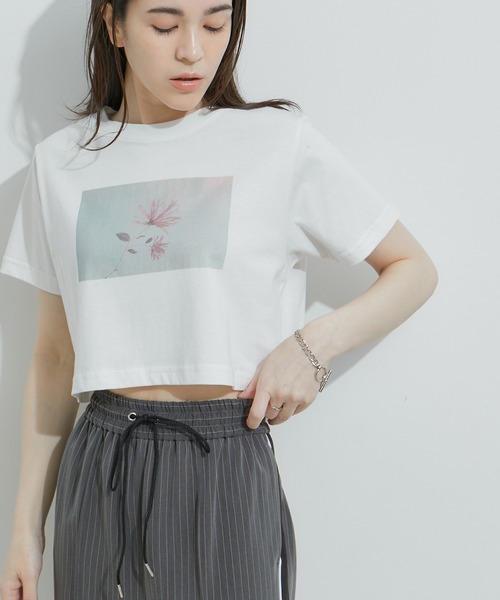 LEONARD フラワーとチェーンプリント 半袖Tシャツ［美品］ フラワーモチーフプリント短丈TEE（Tシャツ/カットソー）｜LE