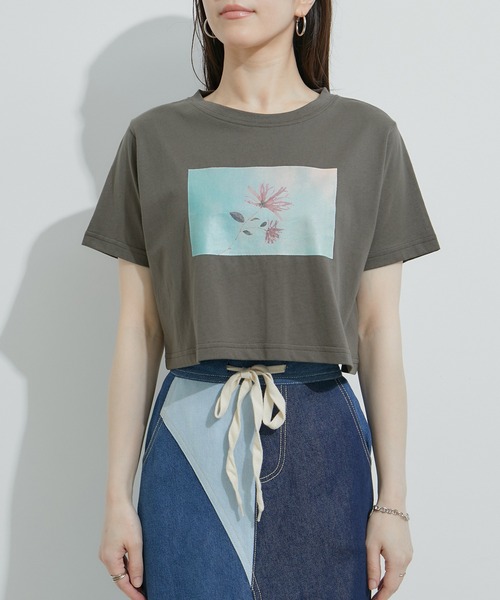 LEONARD フラワーとチェーンプリント 半袖Tシャツ［美品］ フラワーモチーフプリント短丈TEE（Tシャツ/カットソー）｜LE