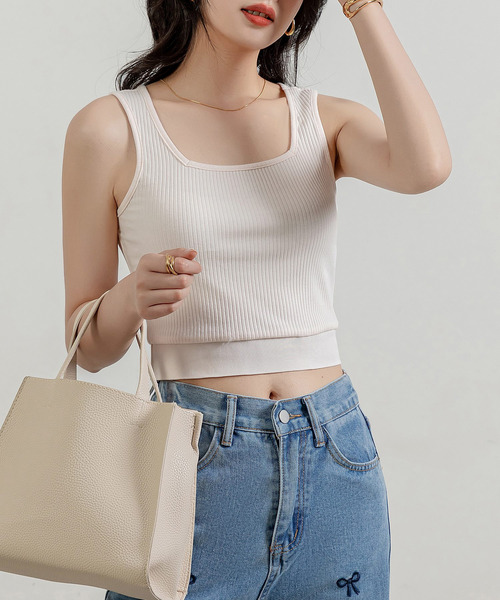 DAY CLOSET（デイ クローゼット）の「レディース 幅広肩紐クロップドリブタンクトップ（タンクトップ・レディース・ホワイト×ブラック/ホワイト×ブルー/ピンク系その他/ブラック・FREE）」の14枚目の写真