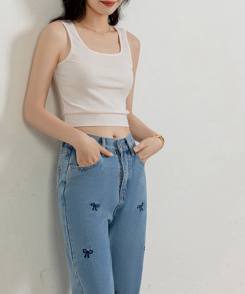 DAY CLOSET（デイ クローゼット）の「レディース 幅広肩紐クロップドリブタンクトップ（タンクトップ・レディース・ホワイト×ブラック/ホワイト×ブルー/ピンク系その他/ブラック・FREE）」の6枚目の写真