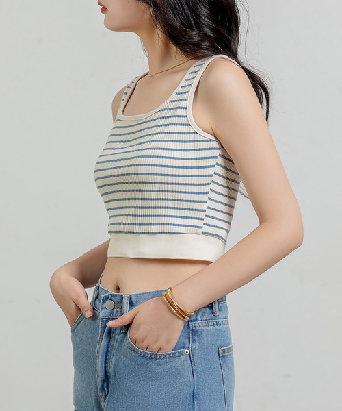 DAY CLOSET（デイ クローゼット）の「レディース 幅広肩紐クロップドリブタンクトップ（タンクトップ・レディース・ホワイト×ブラック/ホワイト×ブルー/ピンク系その他/ブラック・FREE）」の21枚目の写真