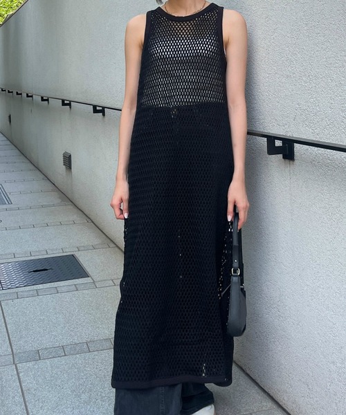 Lee(リー)の「Lee/リー フィッシュネット ロングワンピース ドレス(キャミソール・レディース・ブラック/オフホワイト・MEDIUM)」の15枚目の写真